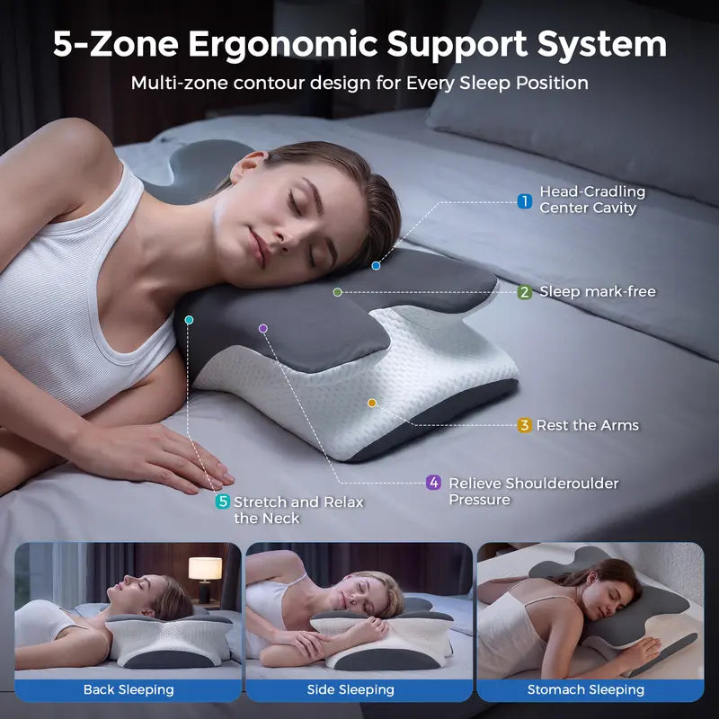 😴 Memory Foam Neck Pillow – Two Heights & Armrest Grooves